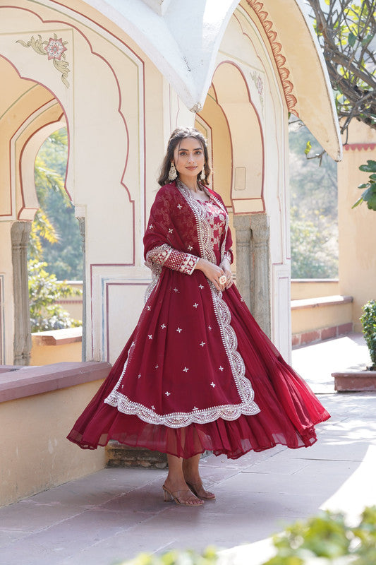 Maroon Faux Blooming Jacquard Sequins Embroidered Anarkali