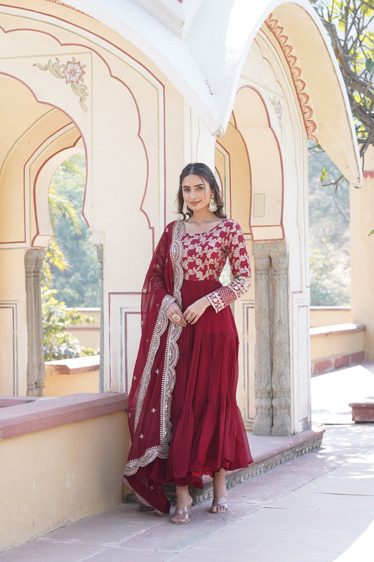 Maroon Faux Blooming Jacquard Sequins Embroidered Anarkali