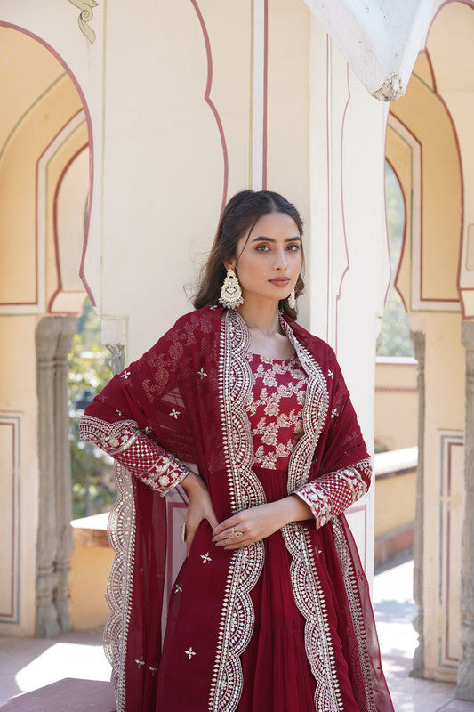 Maroon Faux Blooming Jacquard Sequins Embroidered Anarkali