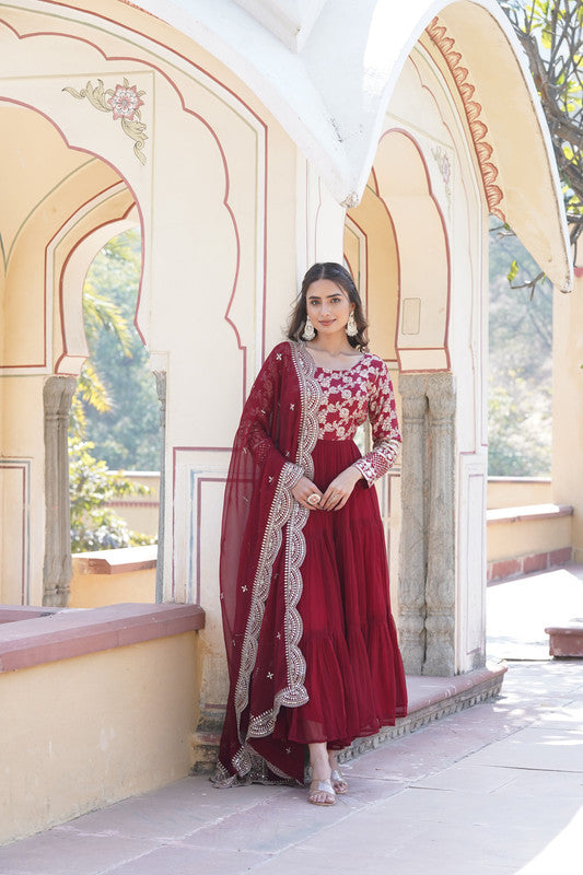 Maroon Faux Blooming Jacquard Anarkali dress with sequins embroidery