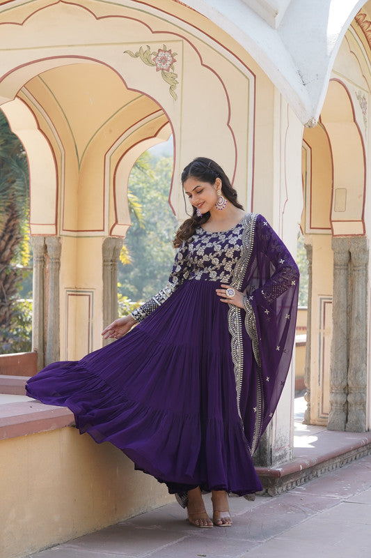 Purple Jacquard Anarkali Dress with Sequins Embroidery and Dupatta
