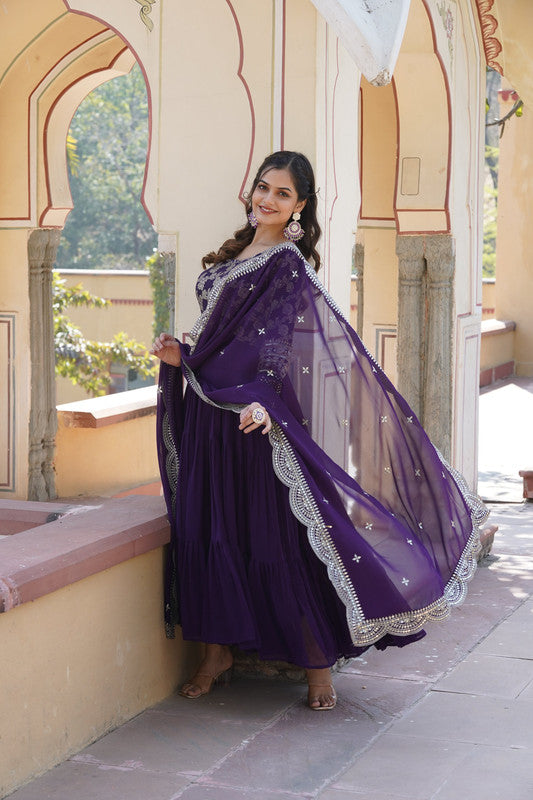 Purple Jacquard Anarkali Dress with Sequins Embroidery and Dupatta