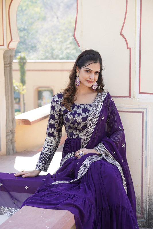 Purple Jacquard Anarkali Dress with Sequins Embroidery and Dupatta