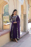 Purple Anarkali dress with floral jacquard pattern and silver sequins embroidery