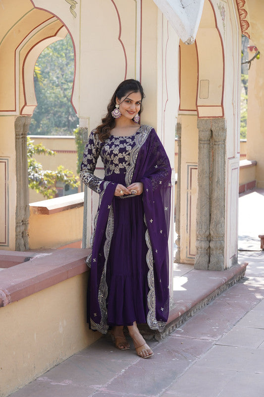 Purple Anarkali dress with floral jacquard pattern and silver sequins embroidery