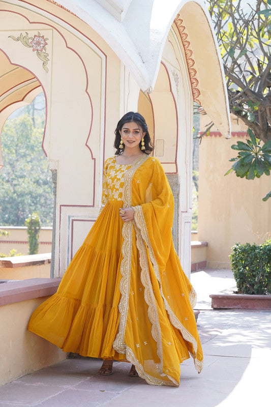 Yellow Faux Blooming Jacquard Sequins Embroidered Anarkali Dress