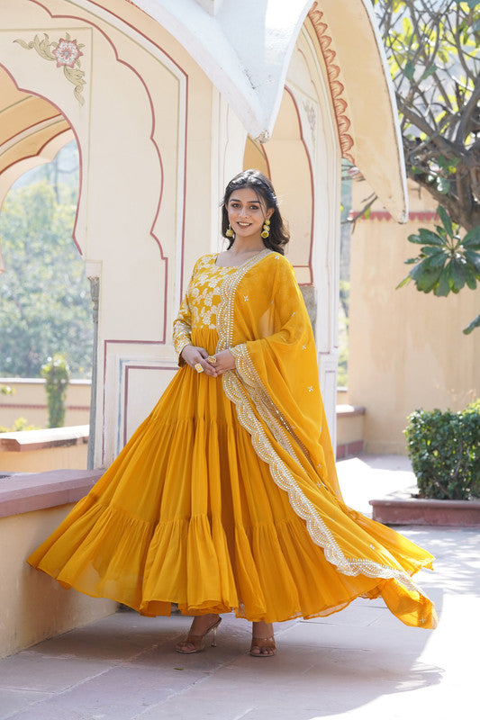 Yellow Faux Blooming Jacquard Sequins Embroidered Anarkali Dress
