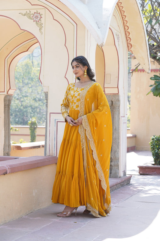 Yellow Faux Blooming Jacquard Sequins Embroidered Anarkali Dress