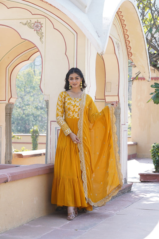 Yellow jacquard Anarkali dress with sequins embroidery and dupatta