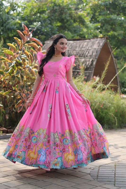 Women's Pink Dola Silk Printed Floor Length Anarkali Dress
