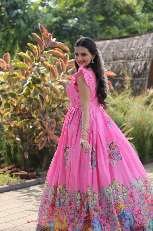 Women's Pink Dola Silk Printed Floor Length Anarkali Dress