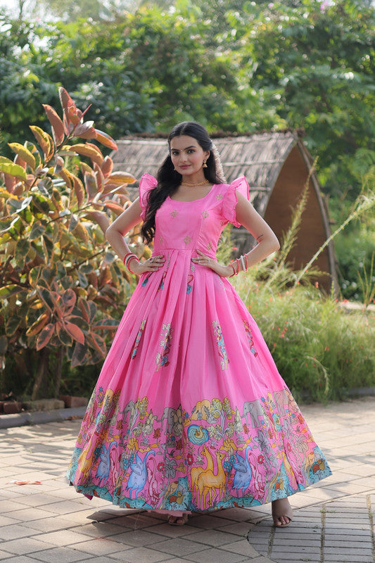 Women's pink Dola silk printed floor length Anarkali dress with festive bohemian design