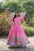 Women's pink Dola silk printed floor length Anarkali dress with festive bohemian design
