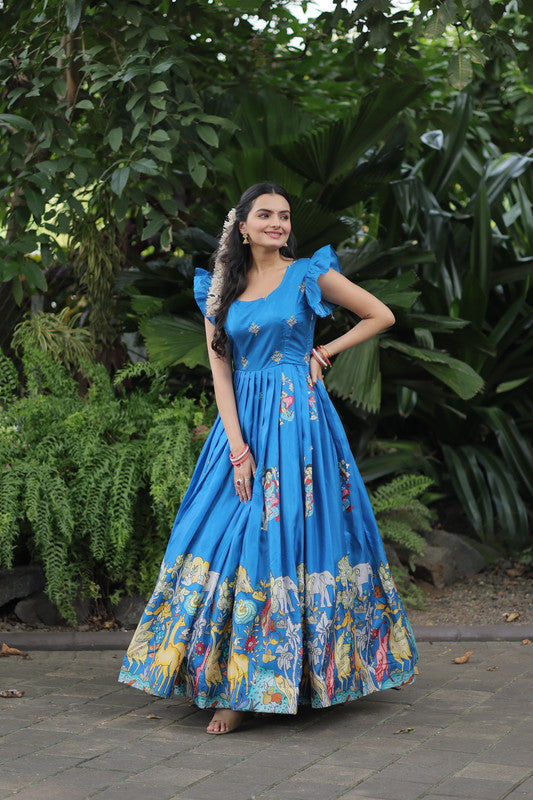 Sky Blue Dola Silk Printed Floor Length Festive Anarkali Dress