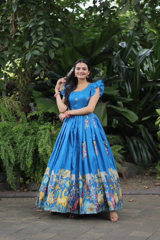 Sky Blue Dola Silk Printed Floor Length Festive Anarkali Dress