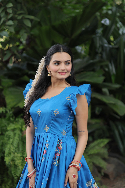 Sky Blue Dola Silk Printed Floor Length Festive Anarkali Dress