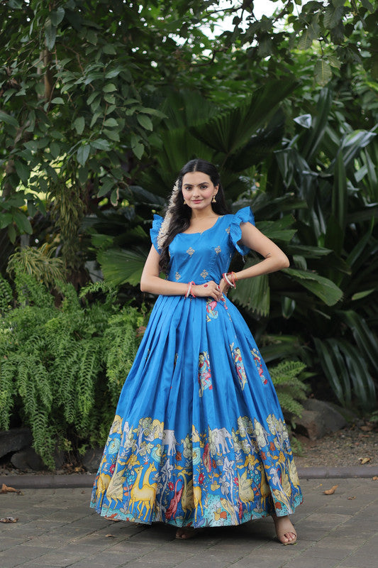 Sky blue Dola silk printed Anarkali dress with floor-length flare for women