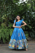 Sky blue Dola silk printed Anarkali dress with floor-length flare for women