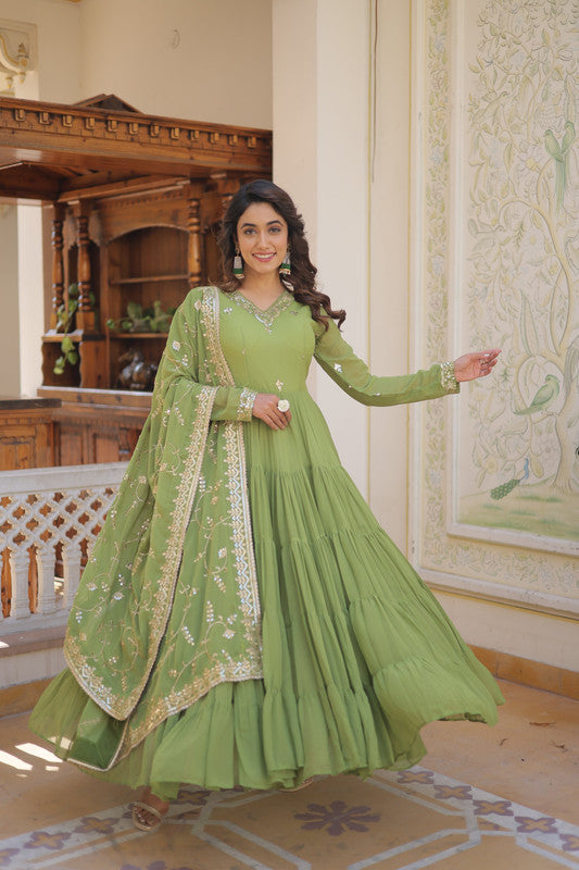 Women's Green Faux Georgette Embroidered Anarkali Dress