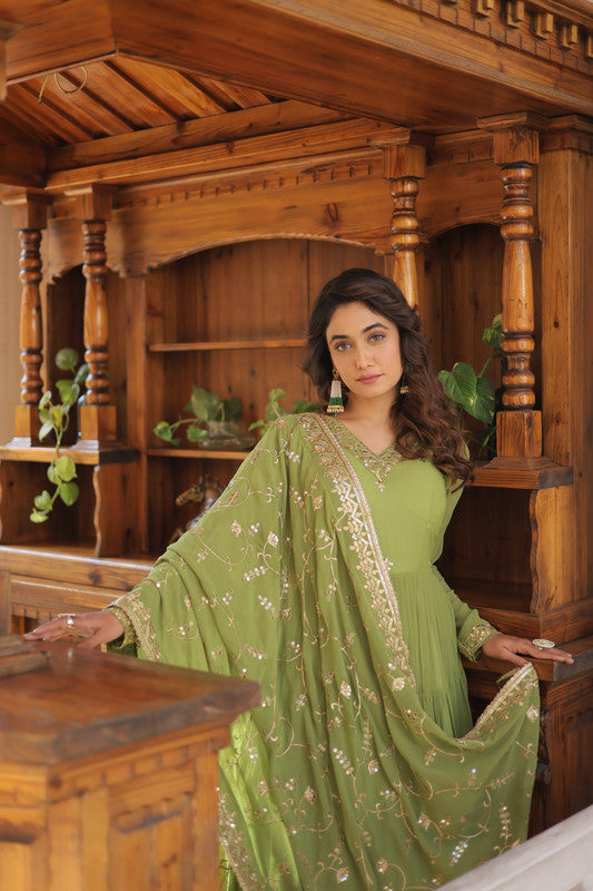 Women's Green Faux Georgette Embroidered Anarkali Dress