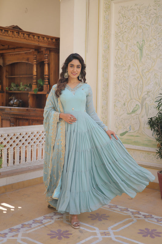 Sky Blue Faux Georgette Embroidered Anarkali Dress with Dupatta