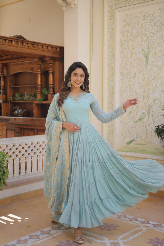 Sky Blue Faux Georgette Embroidered Anarkali Dress with Dupatta
