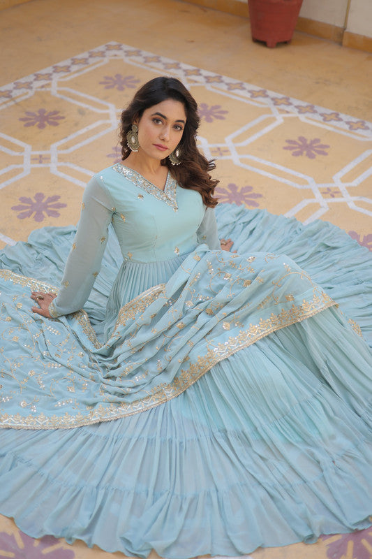Sky Blue Faux Georgette Embroidered Anarkali Dress with Dupatta