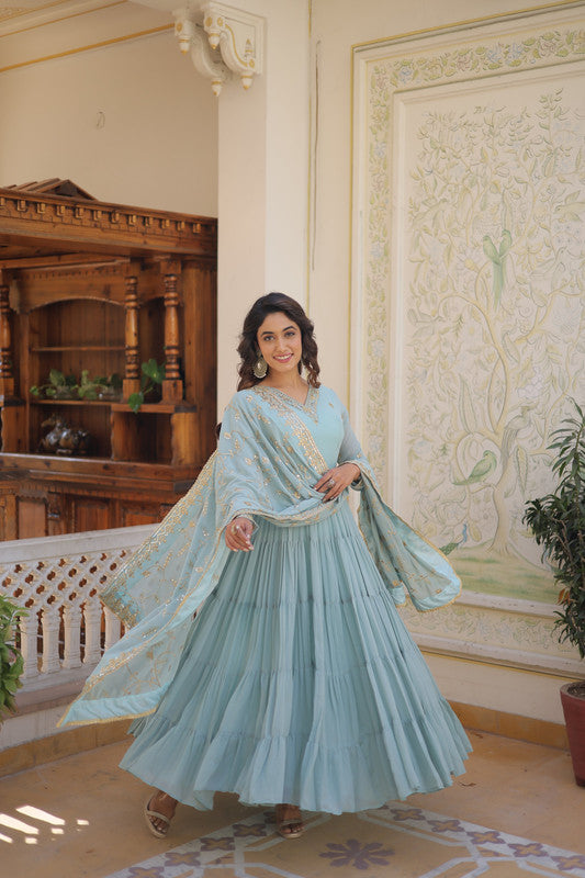 Sky blue faux georgette embroidered Anarkali dress with matching dupatta
