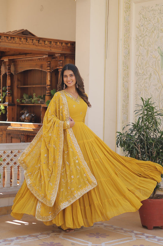 Yellow Faux Georgette Embroidered Partywear Anarkali Dress