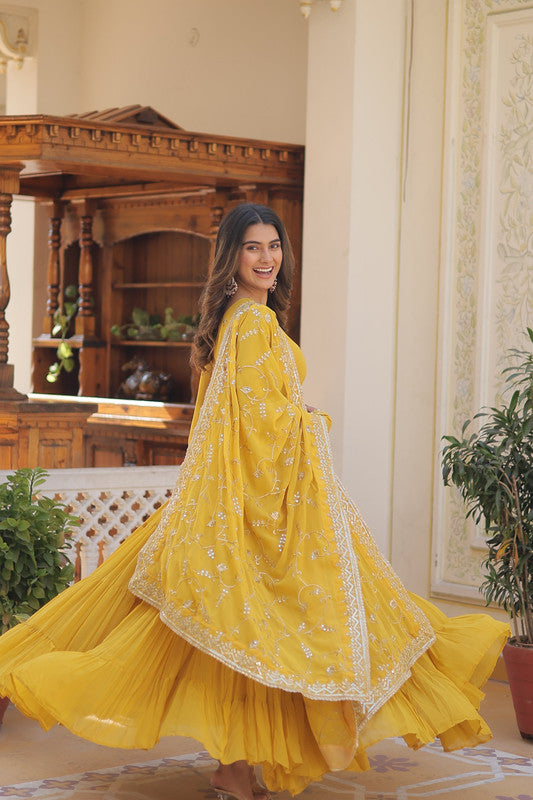 Yellow Faux Georgette Embroidered Partywear Anarkali Dress