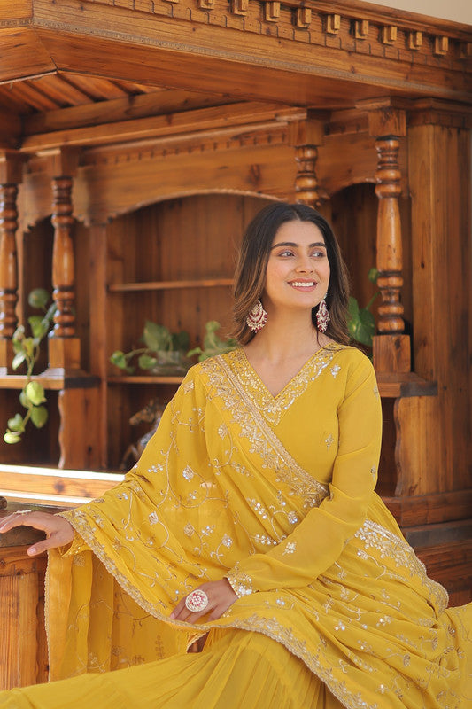 Yellow Faux Georgette Embroidered Partywear Anarkali Dress