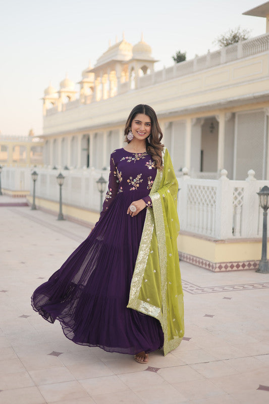 Women's Wine Faux Georgette Sequins Anarkali Party Dress