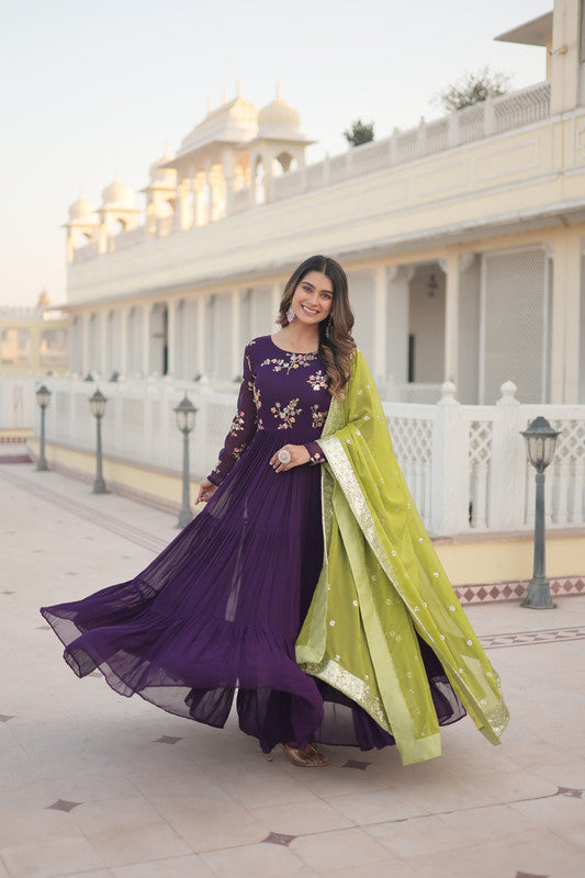Women's Wine Faux Georgette Sequins Anarkali Party Dress