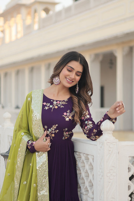 Women's Wine Faux Georgette Sequins Anarkali Party Dress