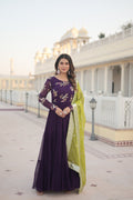 Wine faux georgette Anarkali dress with sequins embroidery and matching dupatta