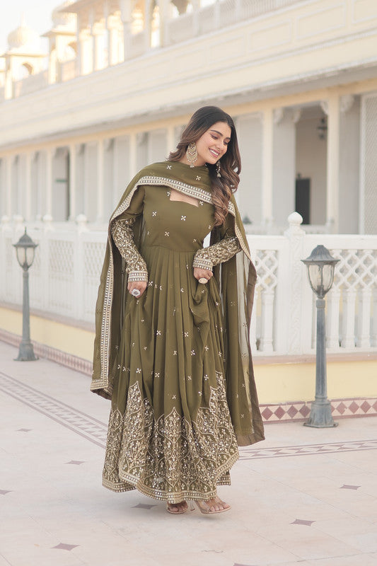 Jyoti Fashion Women's Mehendi Faux Georgette Sequins Embroidered Partywear Anarkali Dress with Dupatta