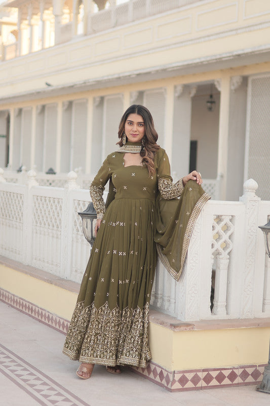 Jyoti Fashion Women's Mehendi Faux Georgette Sequins Embroidered Partywear Anarkali Dress with Dupatta