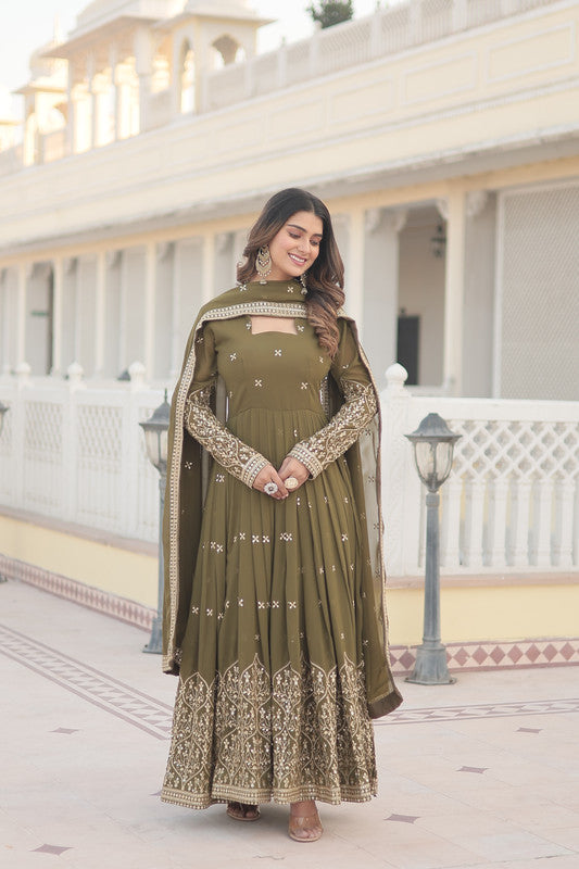 Jyoti Fashion Women's Mehendi Faux Georgette Sequins Embroidered Partywear Anarkali Dress with Dupatta