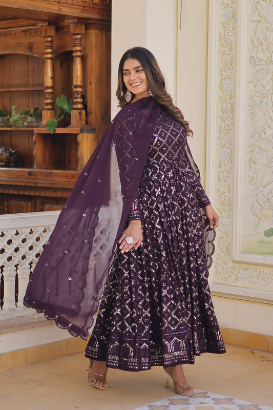 Women's Wine Faux Blooming Sequins Embroidered Anarkali Dress