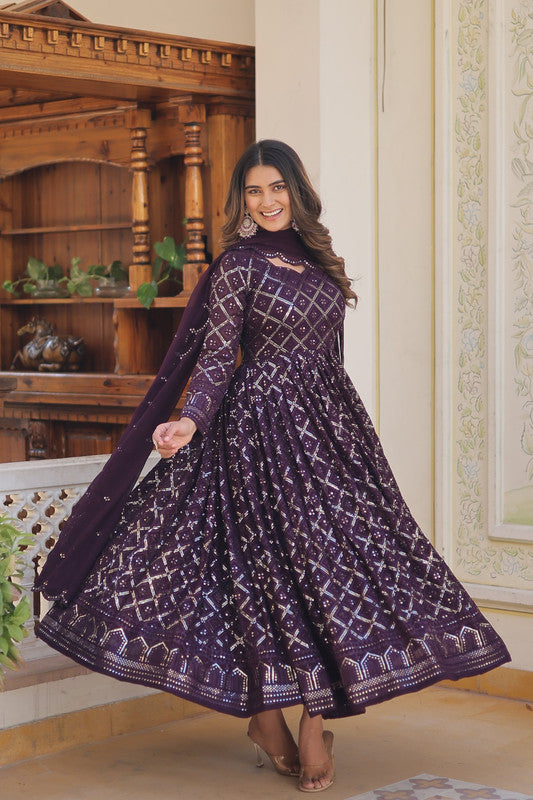 Women's Wine Faux Blooming Sequins Embroidered Anarkali Dress