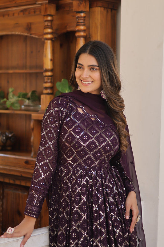 Women's Wine Faux Blooming Sequins Embroidered Anarkali Dress
