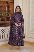 Women's Wine Faux Blooming Anarkali dress with sequins embroidery and dupatta