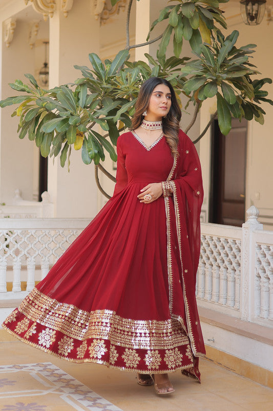 Maroon Faux Blooming Sequins Embroidered Anarkali Dress with Dupatta