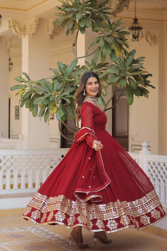 Maroon Faux Blooming Sequins Embroidered Anarkali Dress with Dupatta