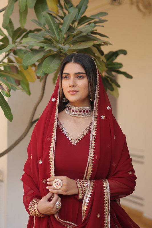 Maroon Faux Blooming Sequins Embroidered Anarkali Dress with Dupatta