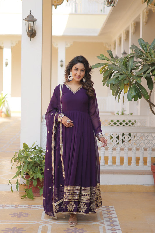 Purple Faux Blooming Sequins Embroidered Partywear Anarkali Dress
