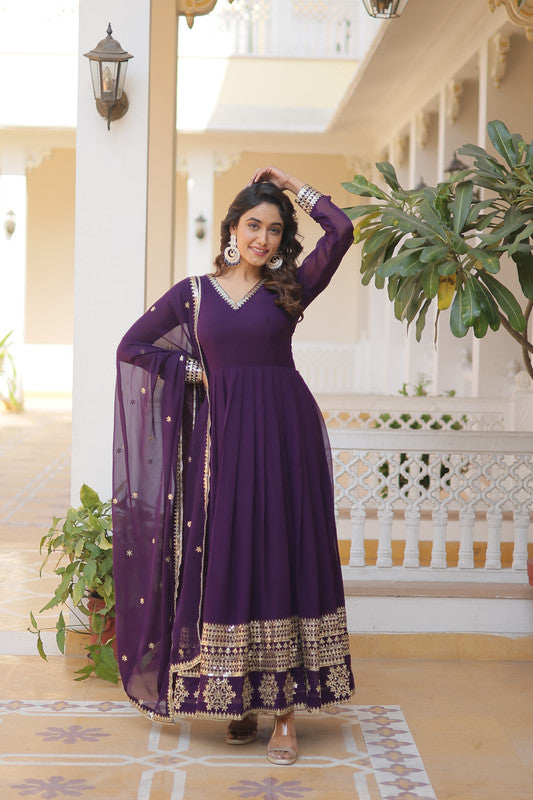 Purple Faux Blooming Sequins Embroidered Partywear Anarkali Dress