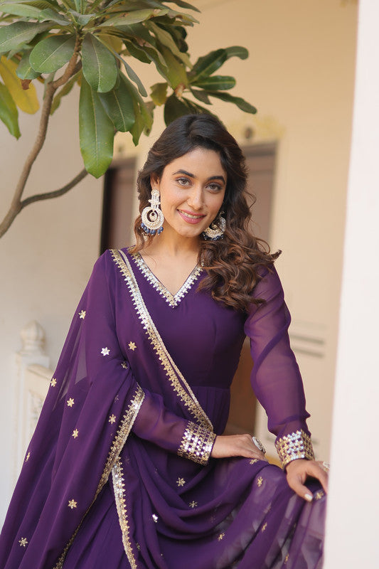 Purple Faux Blooming Sequins Embroidered Partywear Anarkali Dress