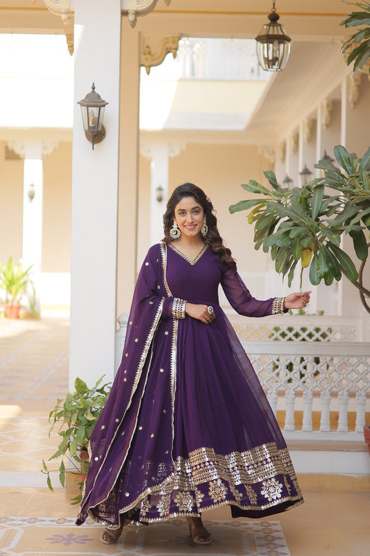Purple Anarkali dress with sequins embroidery in faux blooming fabric