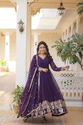 Purple Anarkali dress with sequins embroidery in faux blooming fabric